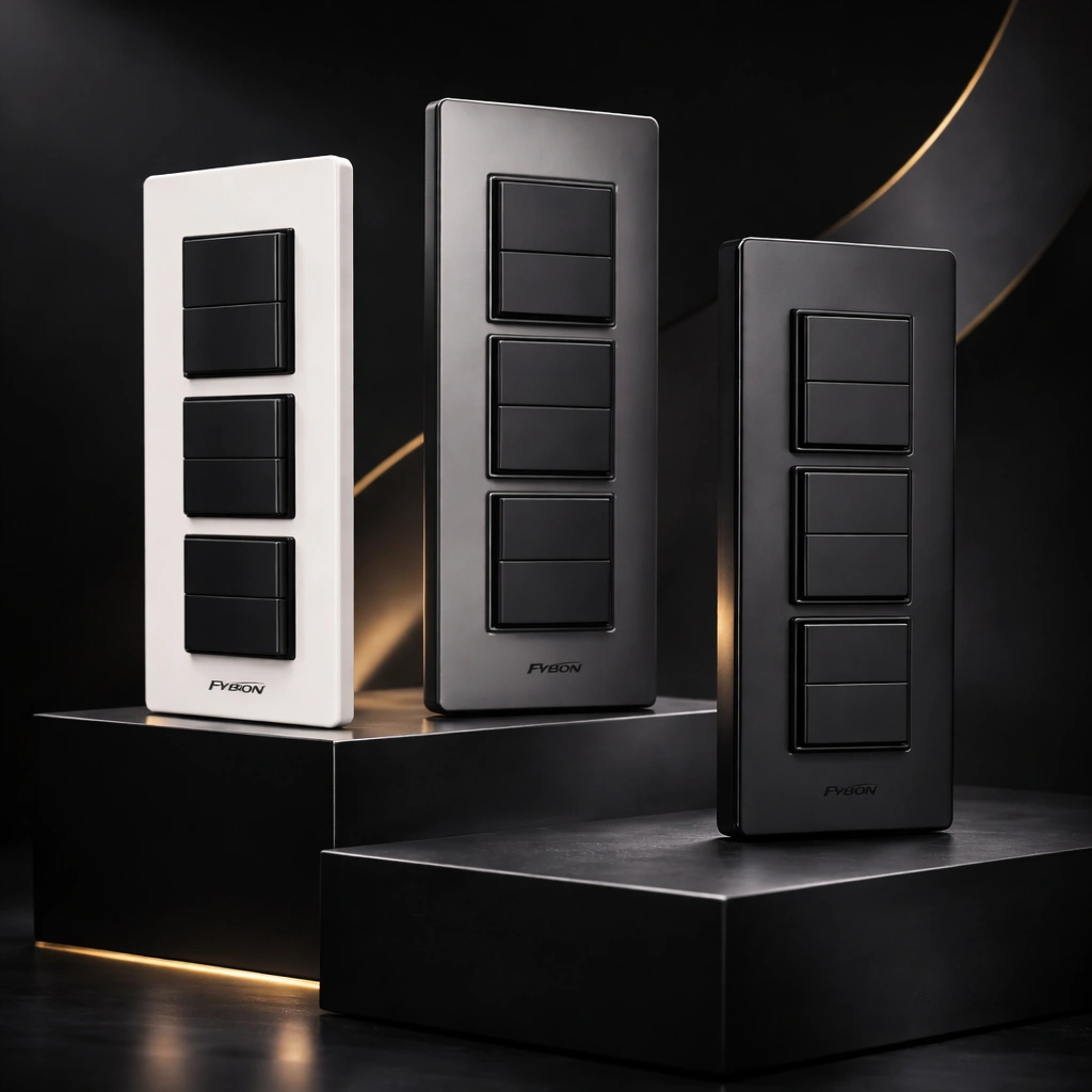 Fybon Designer Modular Switches in White, Grey, and Black by Fybon India
